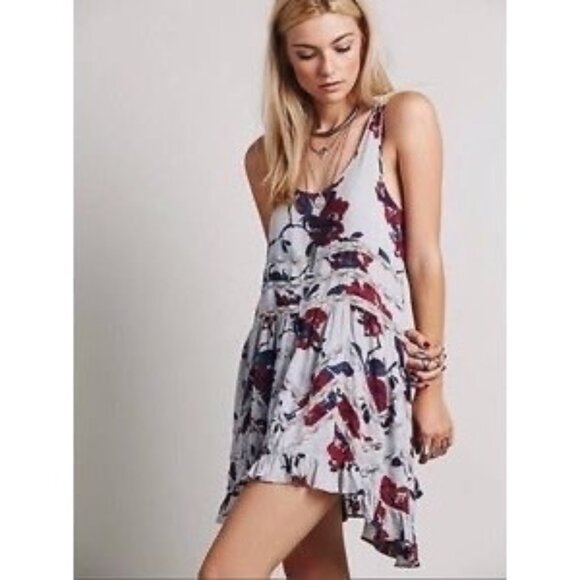 Free People Gray Floral Tiered Ruffle Hem Voile & Lace Boho Slip Dress Small - Picture 1 of 16